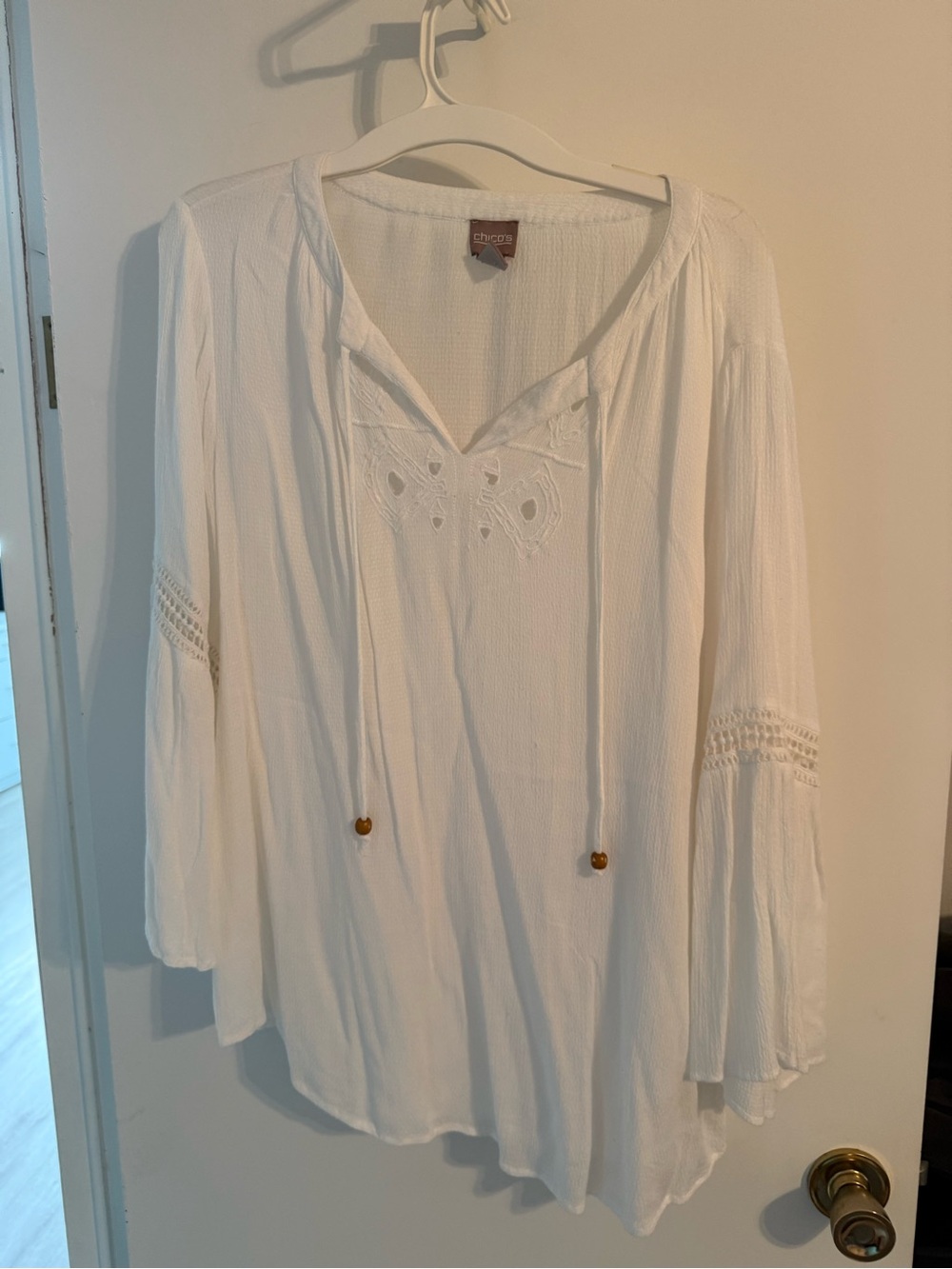 Chico's White Embroidered Peasant Tunic with Tie Front